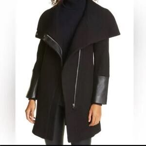 Club Monaco Halli Belted Wool & Leather Asymmetrical Coat Black Small C3931
